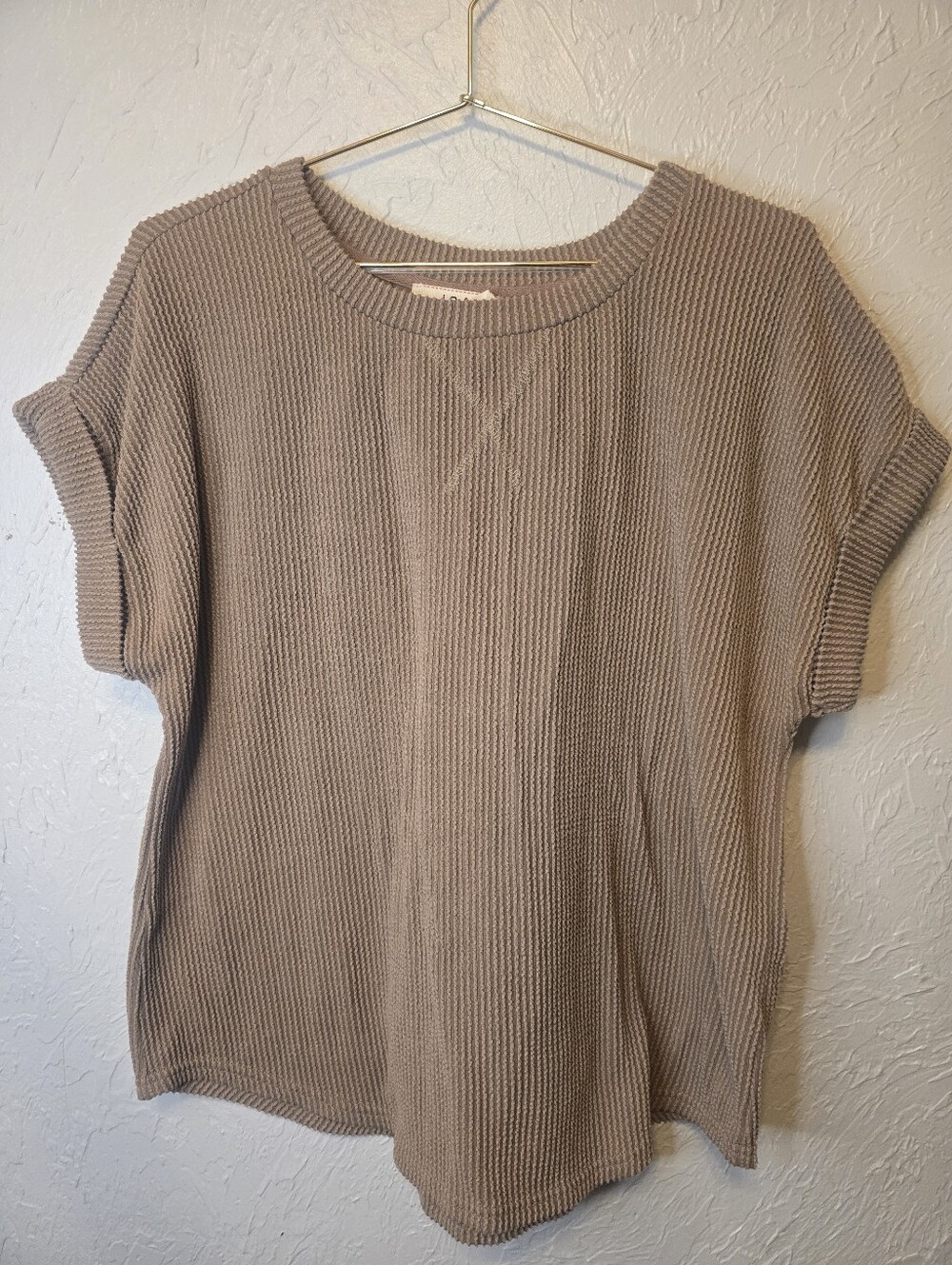 J.O.A Taupe Ribbed Knit Short Sleeve Sweater Top Large Minimalist Neutral